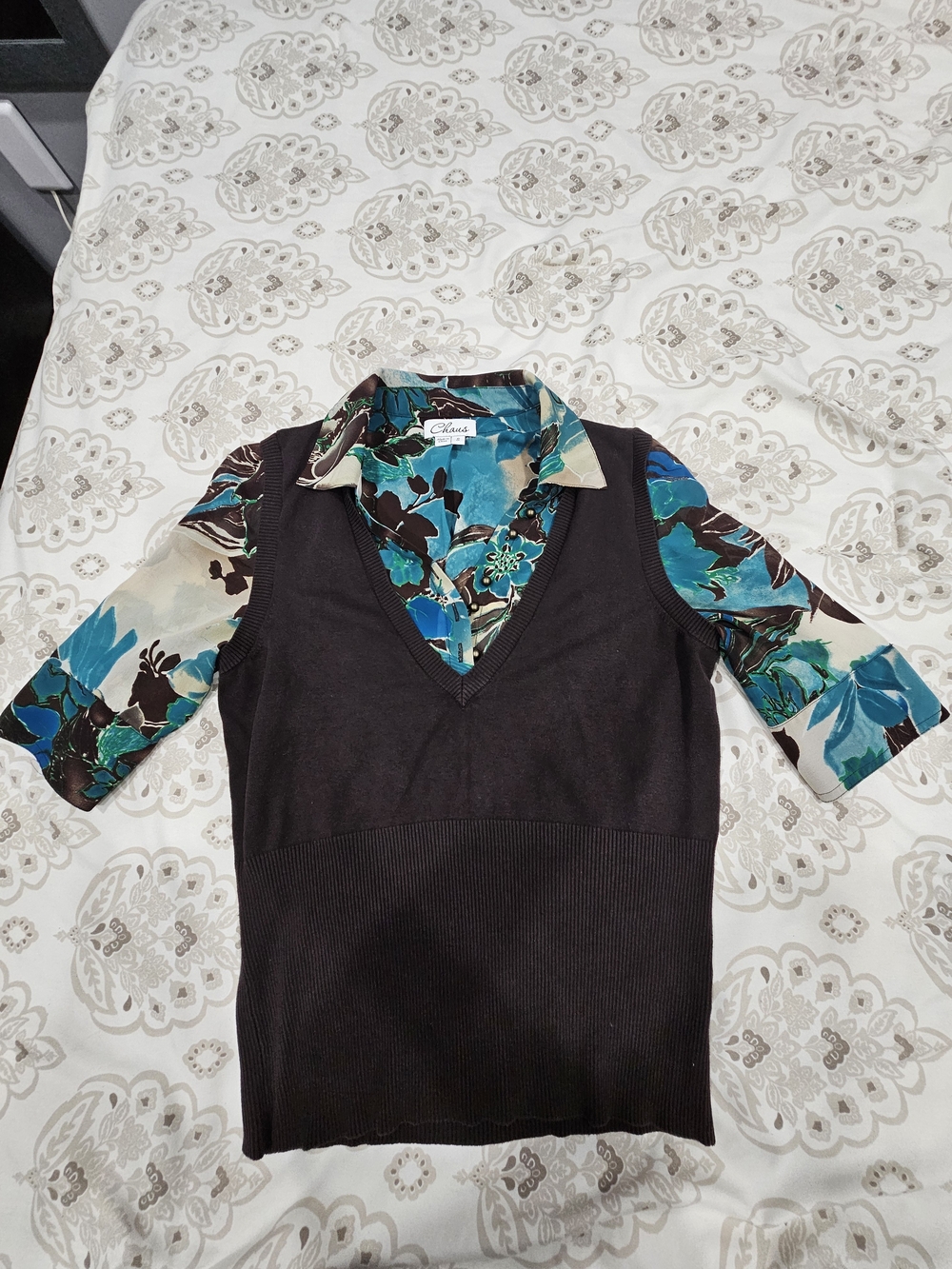 Chaus Teal Floral Collared Layered-Look Top with Brown Knit Vest